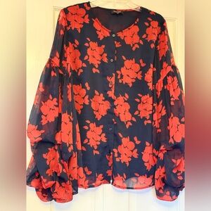 Elegant Floral Button-Up Blouse - Navy and Red
